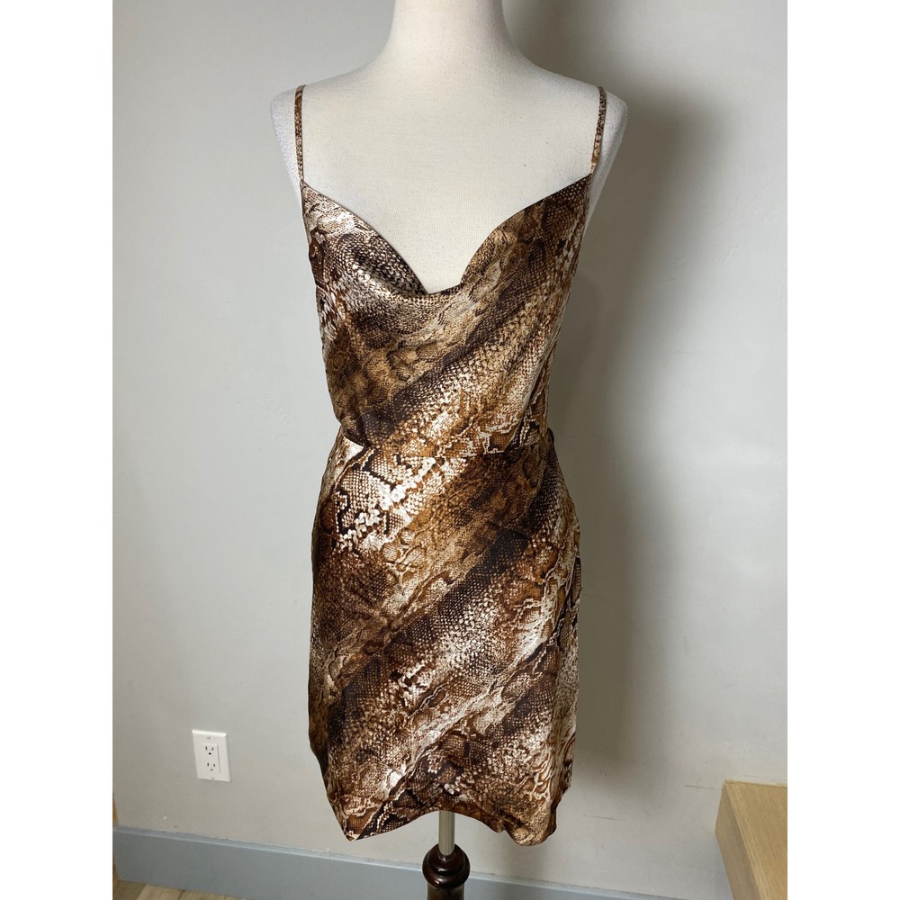 GUESS Snakeskin Print Cowl Neck Satin Mini Dress Brown Tan Small